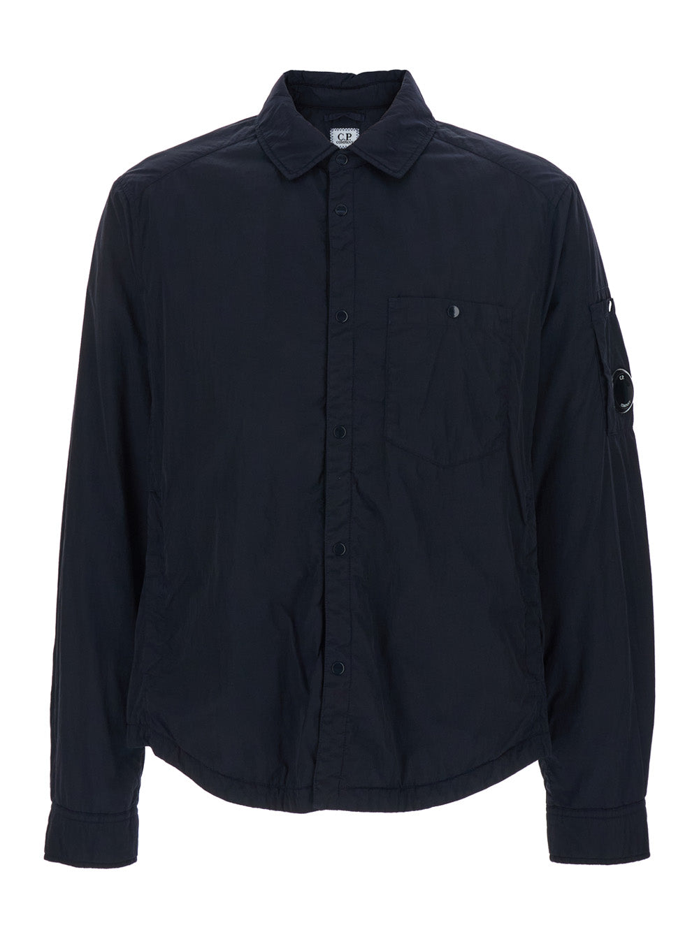 C.P. Company Men Blue Jacket With Classic Collar And Logo Plate On Sleeve In Tech Fabric Man