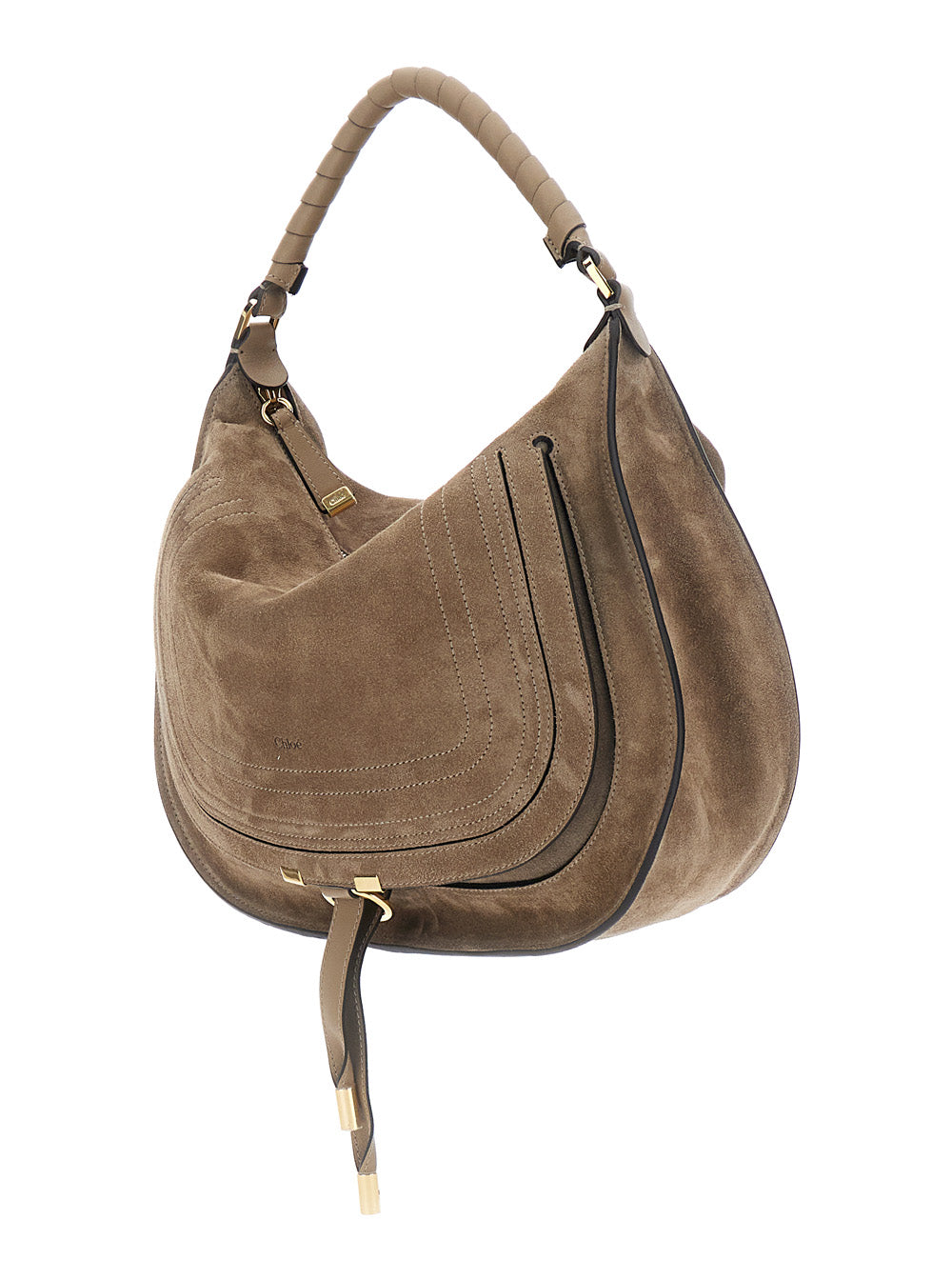 Chloé Women 'Marcie Medium' Brown Shoulder Bag With Lettering Logo On Front In Suede Woman