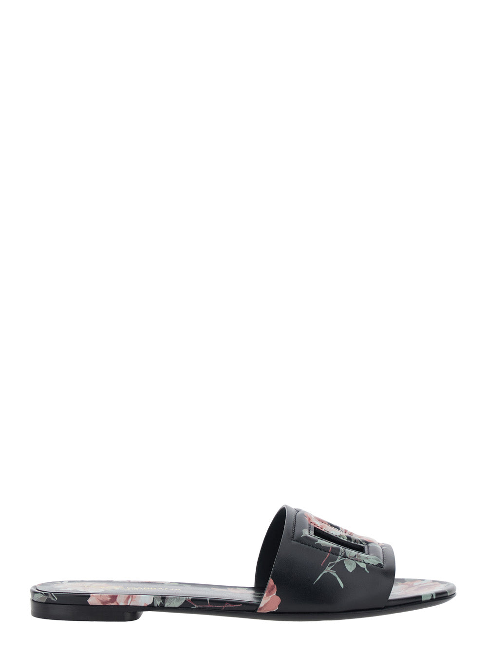 Dolce & Gabbana Women Black Slide Sandals With Cut Out Logo And Floral Motif In Leather Woman DOLCE & GABBANA