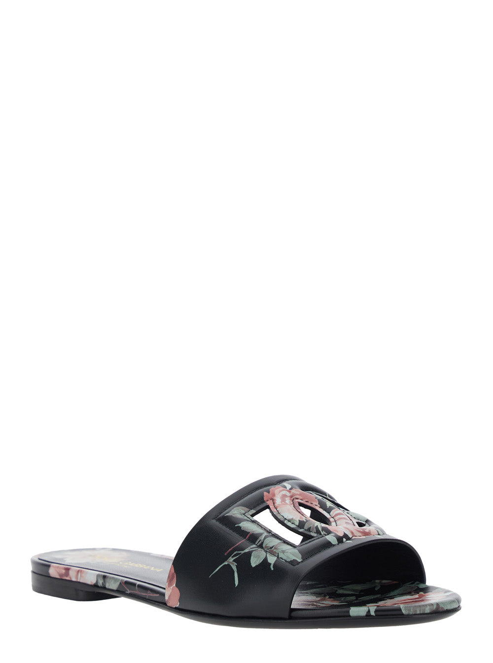 Dolce & Gabbana Women Black Slide Sandals With Cut Out Logo And Floral Motif In Leather Woman DOLCE & GABBANA