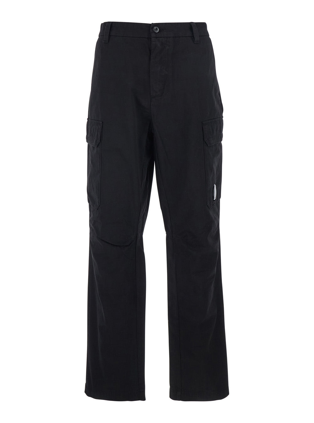 C.P. Company Men Black Cargo Pants With Logo Plate On The Side And Two Front Cargo Pockets In Cotton For Men