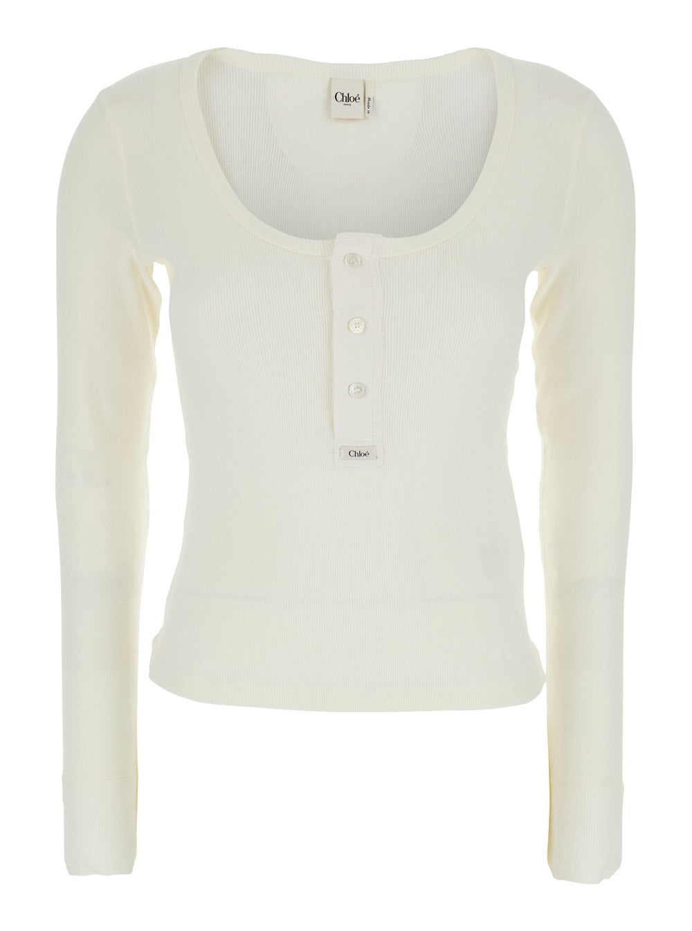 Chloé Women White Long-Sleeve T-Shirt With Logo Patch On The Front And Ribbed Knit In Cotton Woman CHLOE