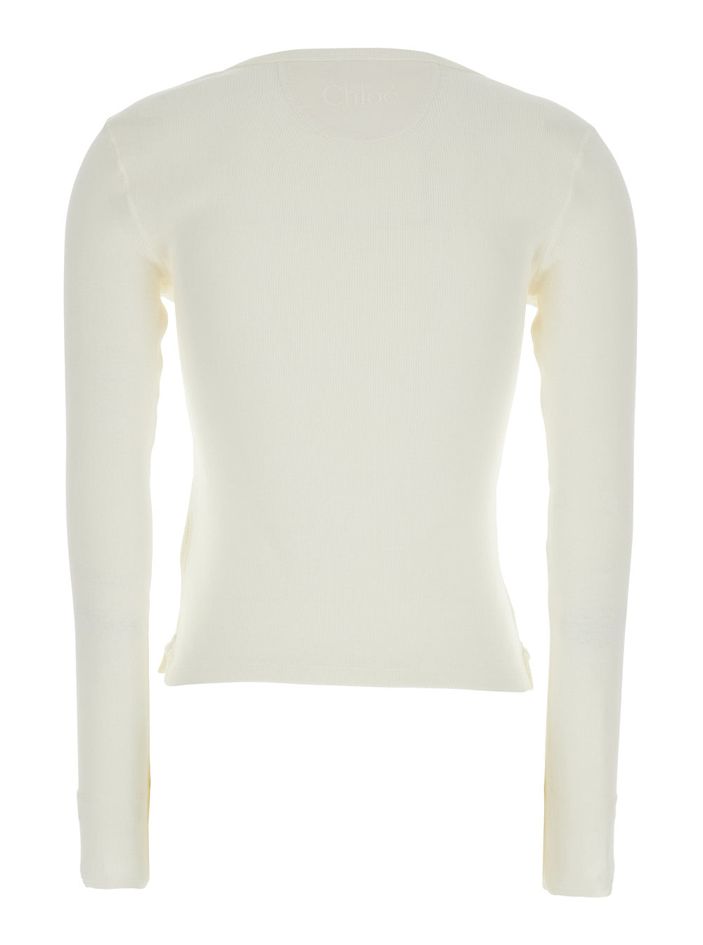 Chloé Women White Long-Sleeve T-Shirt With Logo Patch On The Front And Ribbed Knit In Cotton Woman CHLOE