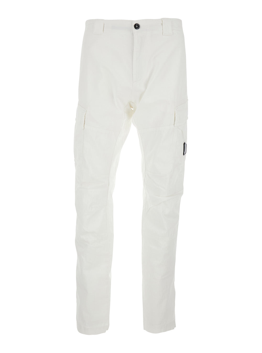 C.P. Company Men White Cargo Pants With Logo Plate On The Side And Two Cargo Pockets On The Front In Stretch Cotton For Men