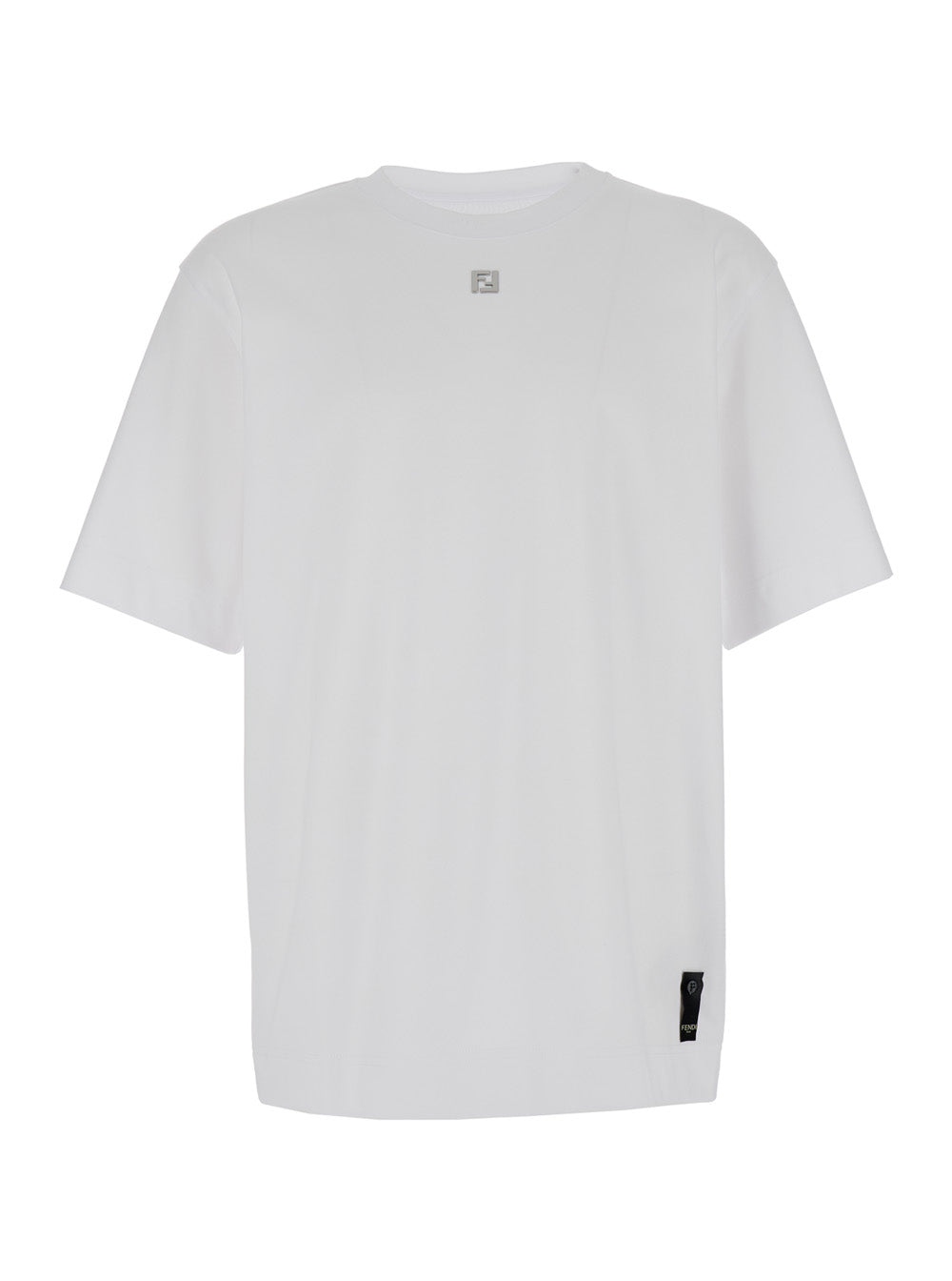 Fendi Men White Crew Neck T-Shirt With Ff Plate On The Front In Cotton For Men FENDI