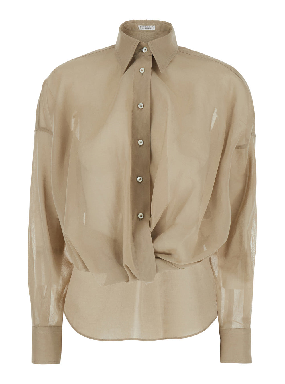Brunello Cucinelli Women Beige Shirt With Classic Collar And Draping On The Front In Cotton For Women BRUNELLO CUCINELLI