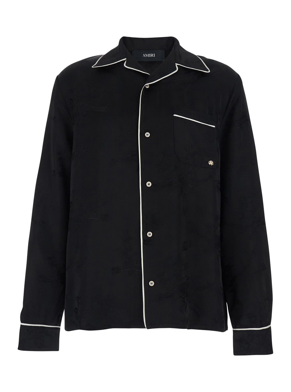 Amiri Men Black Long-Sleeved Shirt With Cuban Collar And Tone-On-Tone Floral Embroidery In Viscose For Men AMIRI