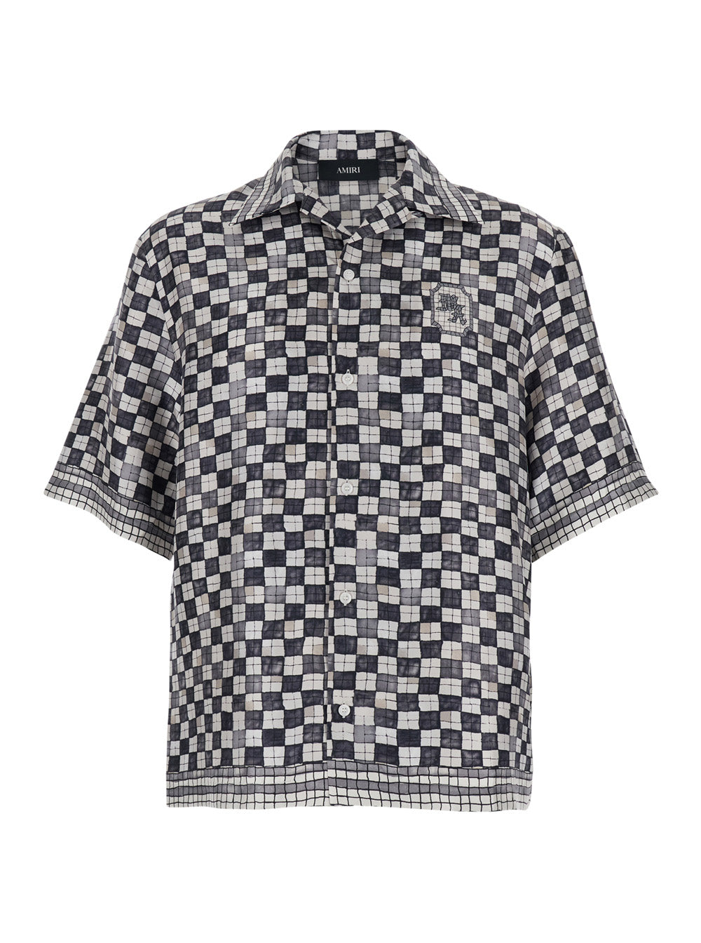 Amiri Men Black Silk Shirt With All-Over Check Motif And Logo Lettering On The Back Man AMIRI