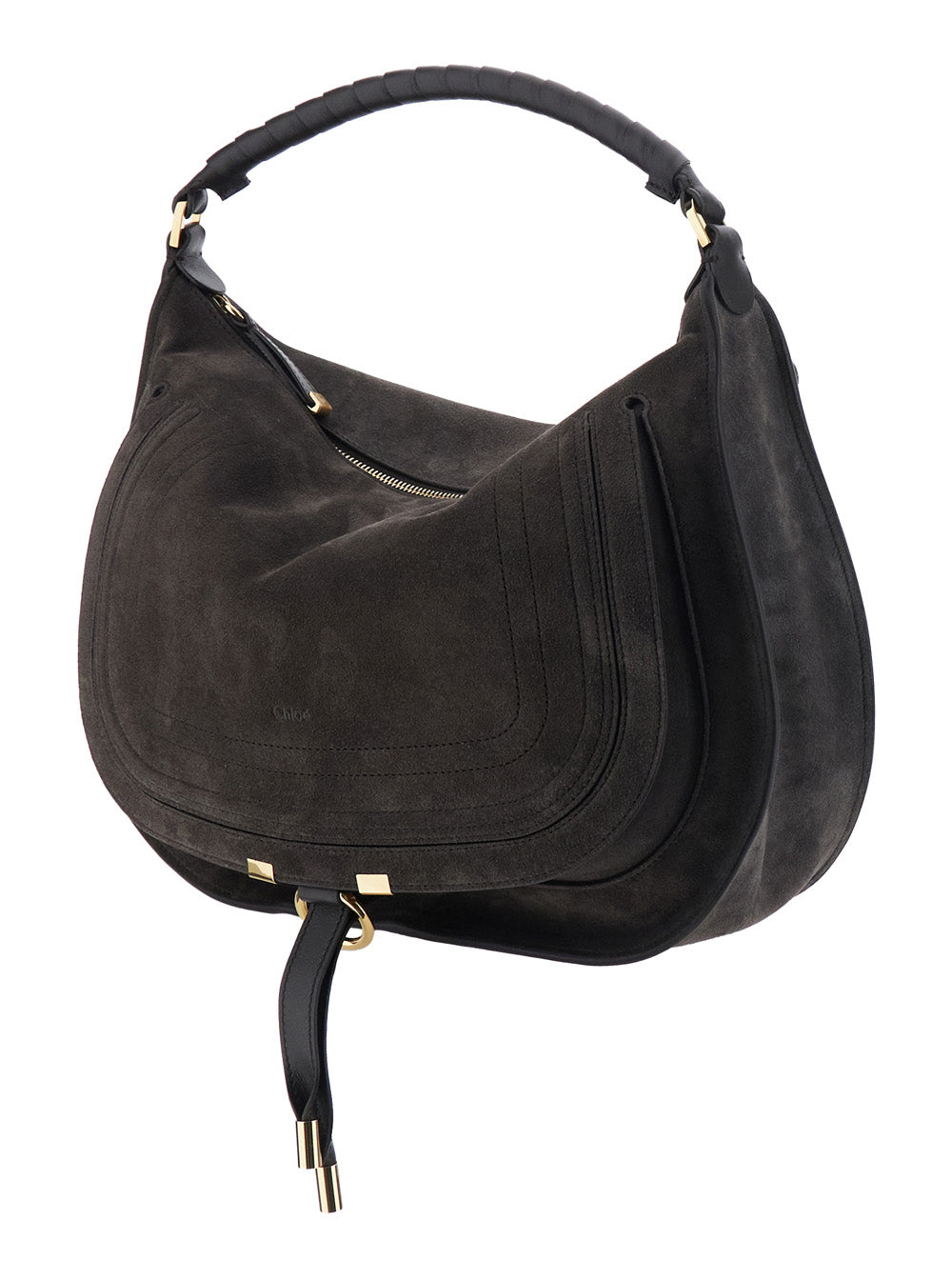 Chloé Women 'Marcie Medium' Black Shoulder Bag With Logo Lettering On The Front In Suede Woman CHLOE