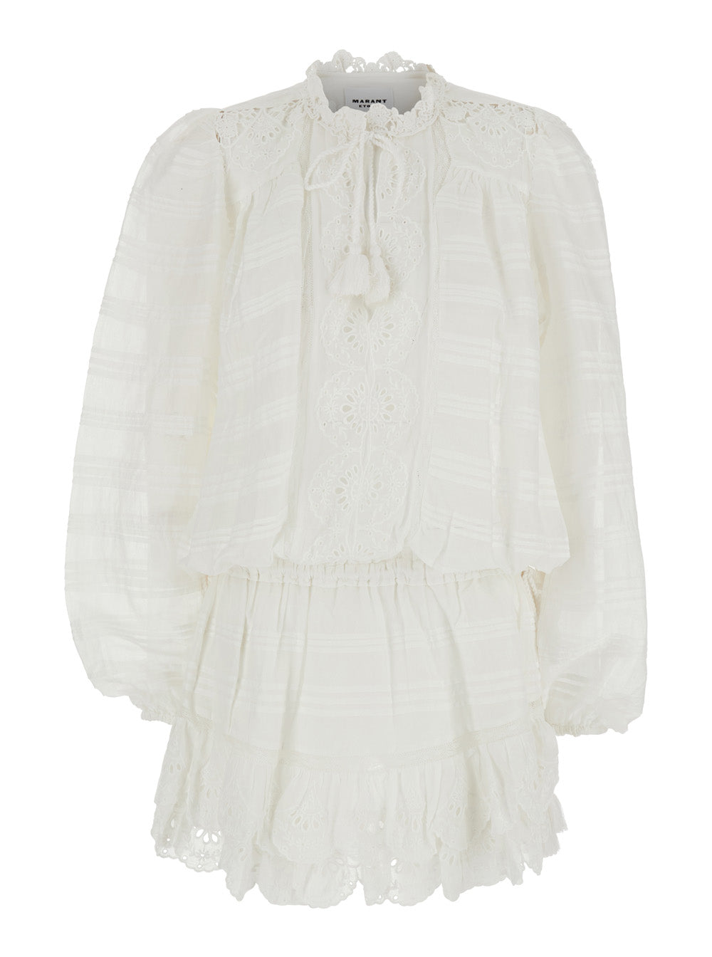 Isabel Marant Etoile Women 'Preya' White Short Dress With All-Over Embroidery And Tassel Detail In Cotton Blend For Women ISABEL MARANT ETOILE