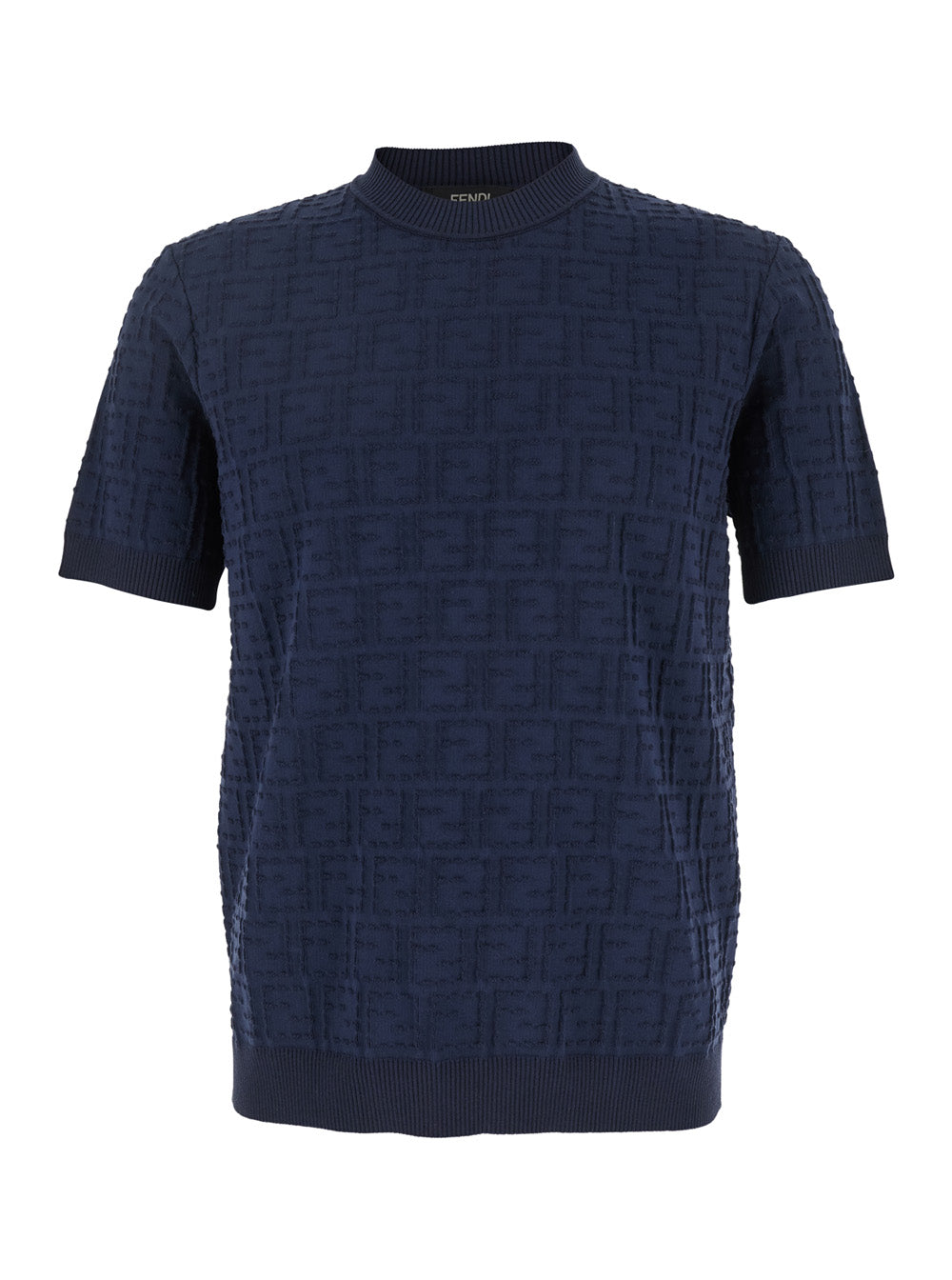 Fendi Men Blue Crewneck T-Shirt With All-Over Ff Logo Embroidery In Cotton Man FENDI