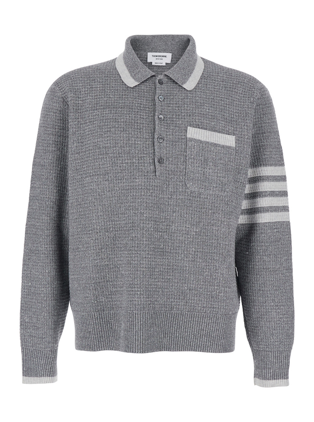Thom Browne Men Grey Polo Shirt With 4-Bar Detail On The Sleeve In Wool And Silk Blend Man THOM BROWNE