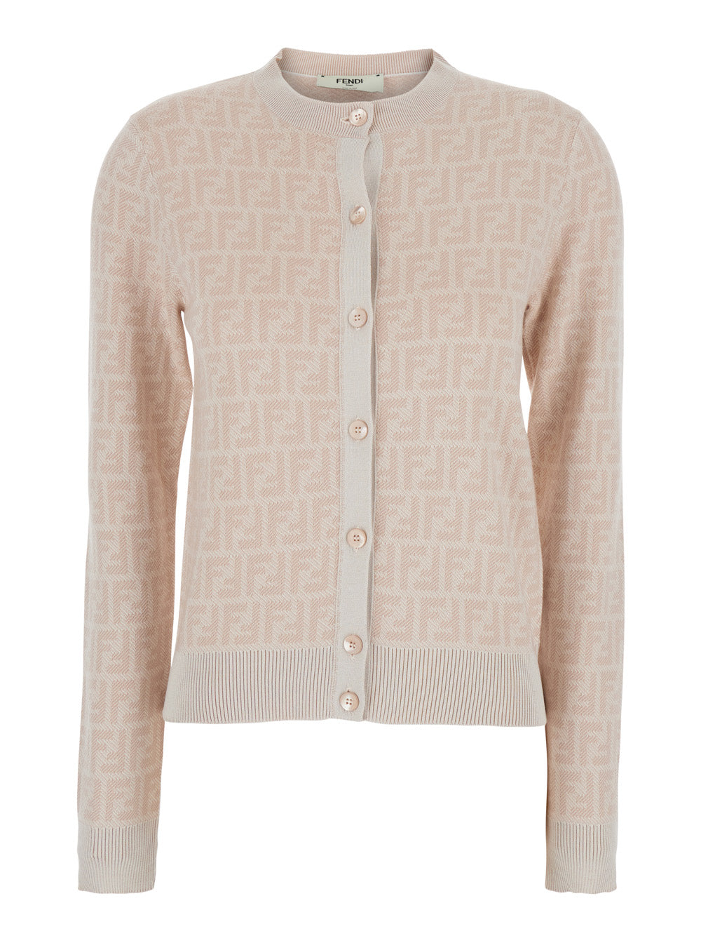 Fendi Women Pink Crew Neck Cardigan With All-Over Ff Motif In Wool For Women FENDI