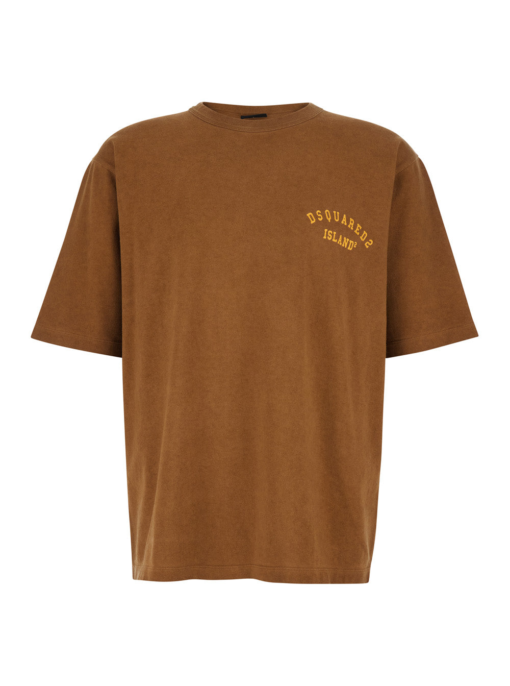 Dsquared2 Men Brown Crew Neck T-Shirt With Logo Print On The Front In Cotton For Men DSQUARED2