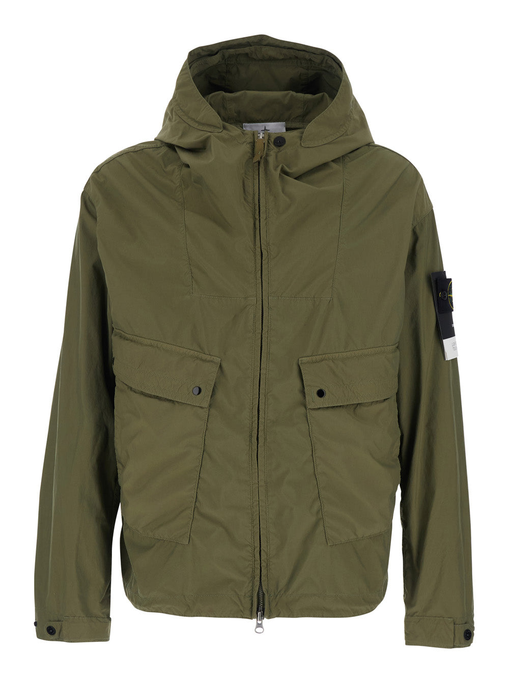 Stone Island Men Green Hooded Jacket With Buttons And Logo Patch On Sleeve In Tech Fabric For Men STONE ISLAND