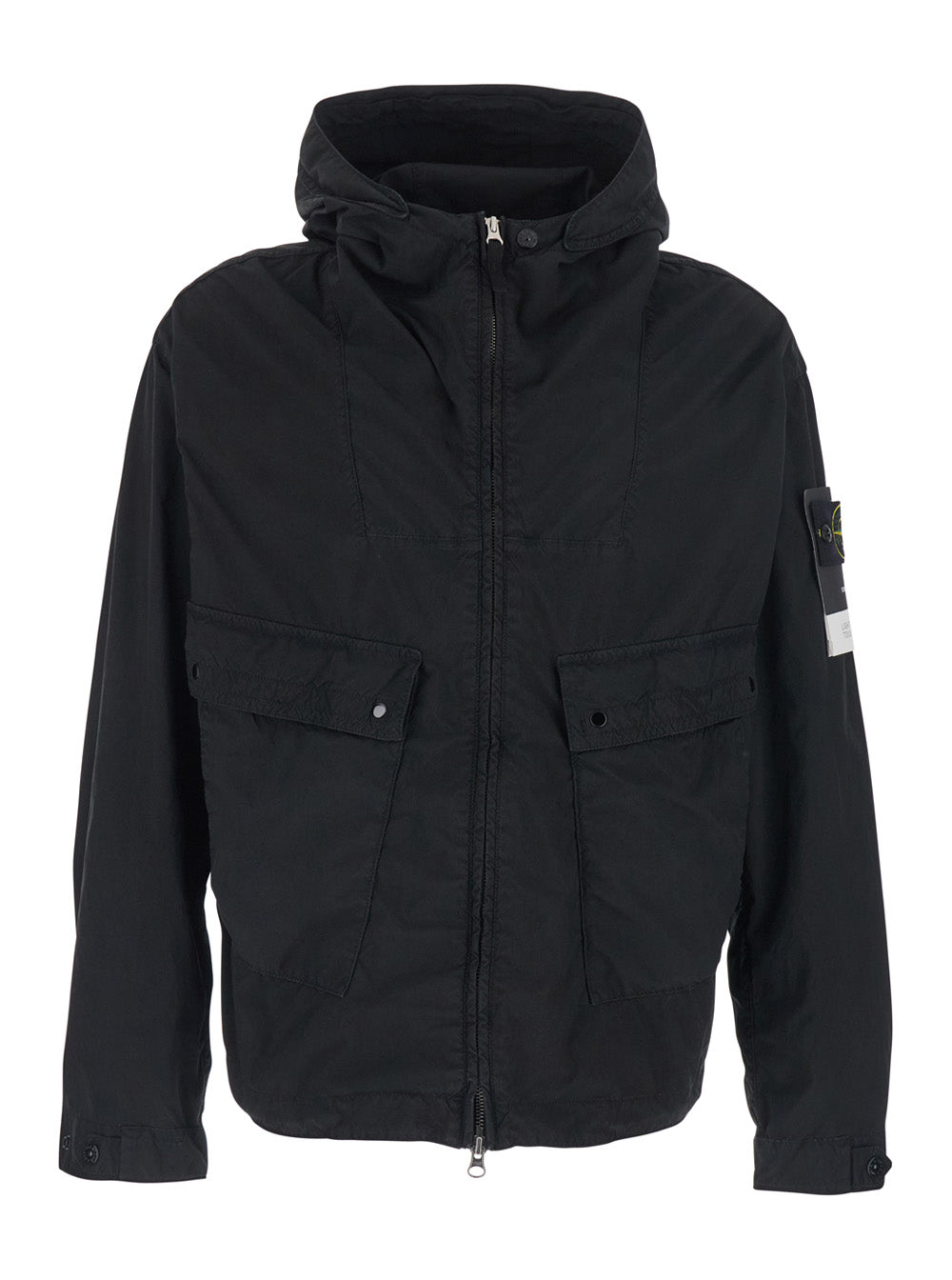 Stone Island Men Black Hooded Jacket With Buttons And Logo Patch On Sleeve In Tech Fabric For Men STONE ISLAND