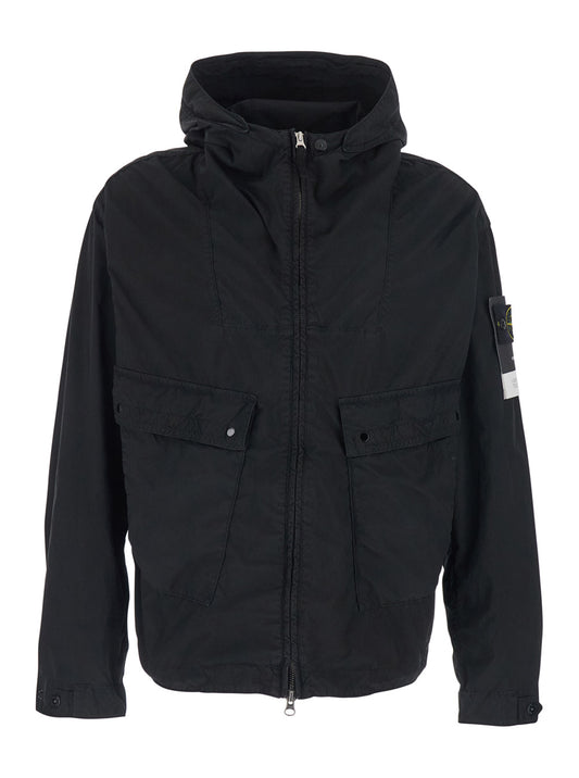 Stone Island Men Black Hooded Jacket With Buttons And Logo Patch On Sleeve In Tech Fabric For Men STONE ISLAND