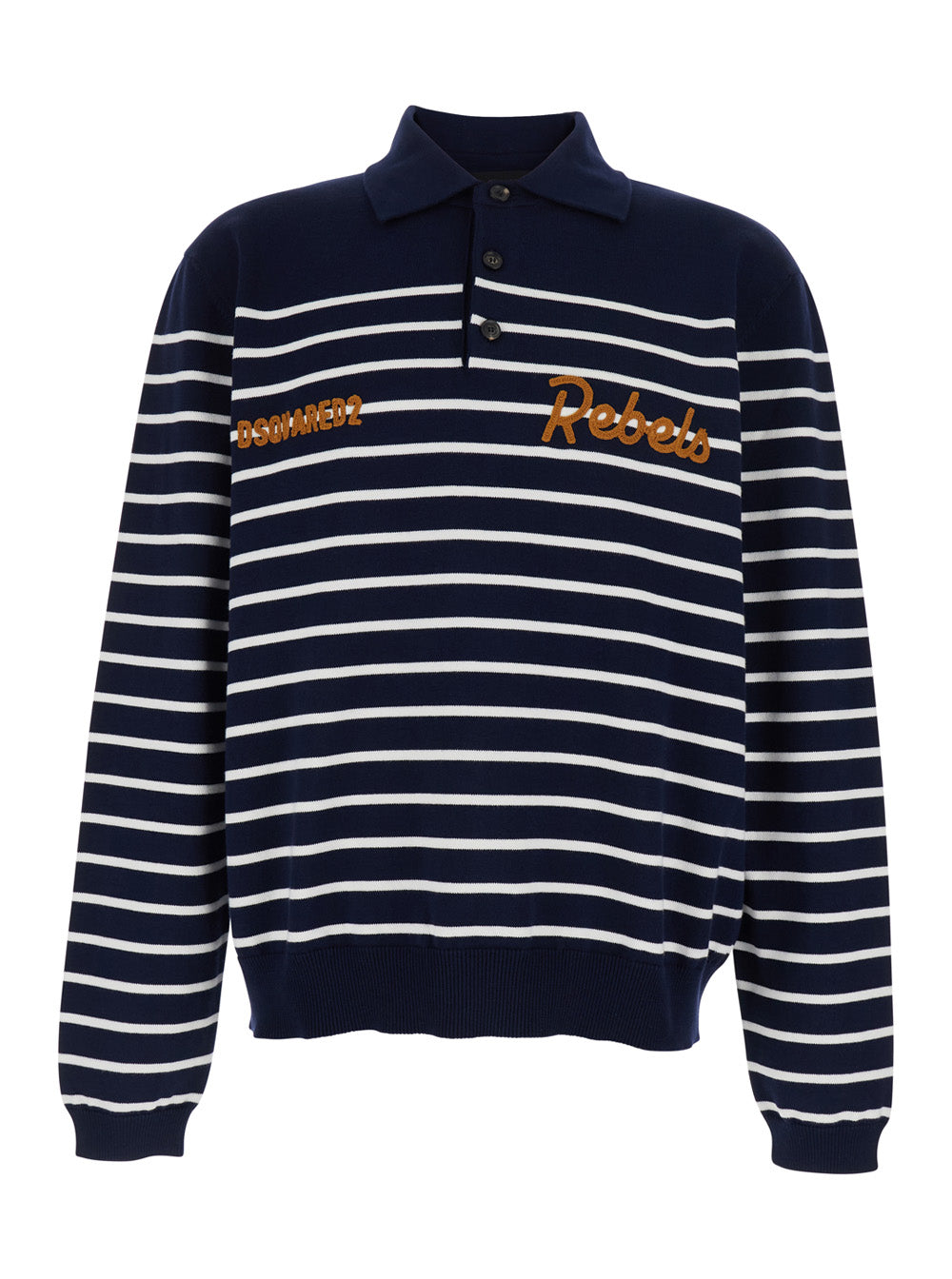 Dsquared2 Men Long Sleeve Polo With Logo Embroidery On The Front And All-Over Stripes In Blue Cotton For Men DSQUARED2