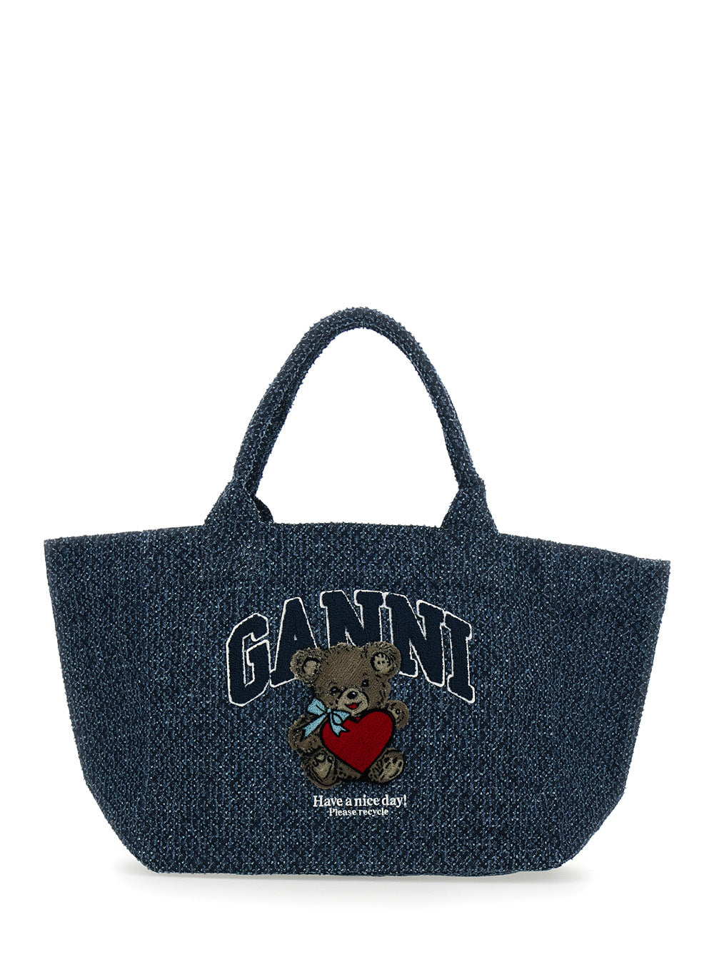 Ganni Women Blue Shopper With Lettering Logo And Teddy Bear On Front In Cotton Woman GANNI