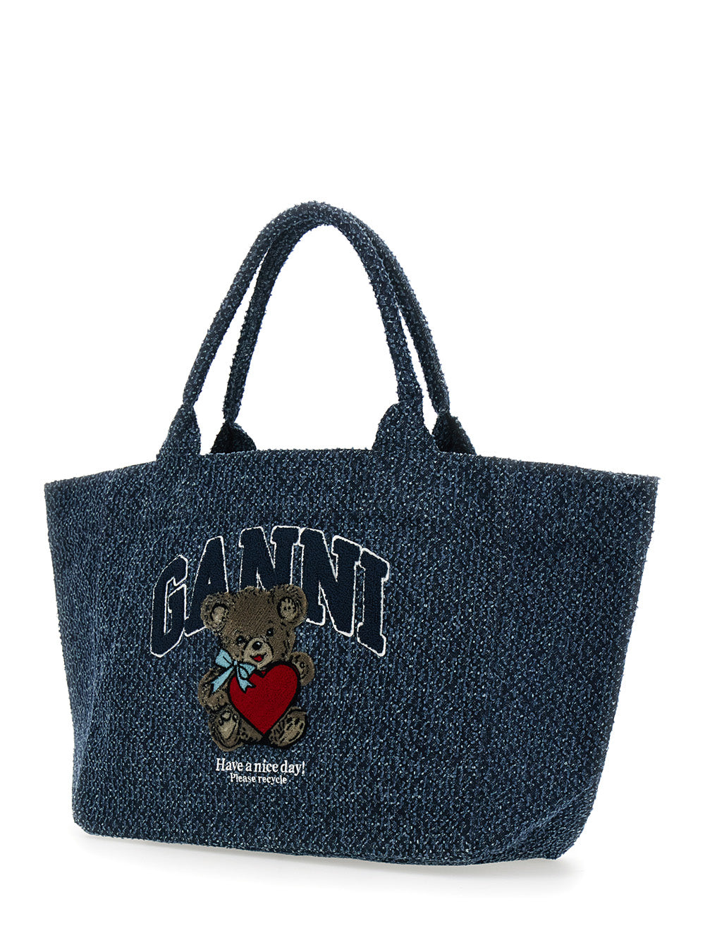 Ganni Women Blue Shopper With Lettering Logo And Teddy Bear On Front In Cotton Woman GANNI
