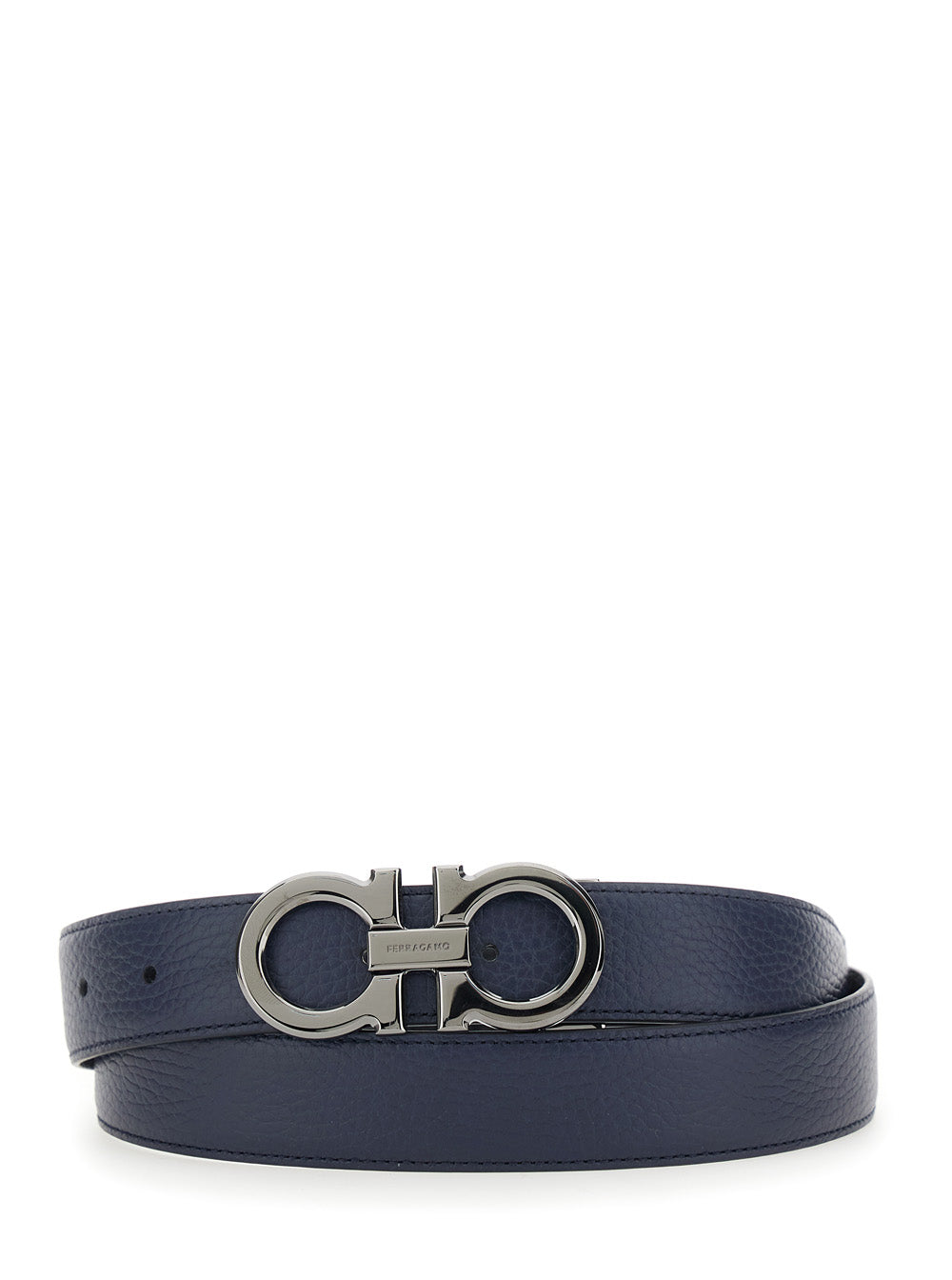 Ferragamo Men Blue Reversible Belt With Gancini Buckle In Hammered Leather Man FERRAGAMO