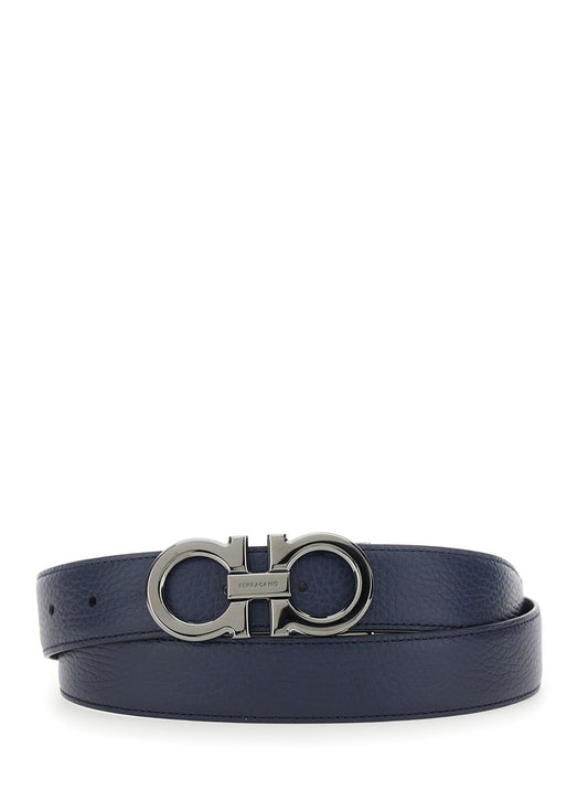 Ferragamo Men Blue Reversible Belt With Gancini Buckle In Hammered Leather Man