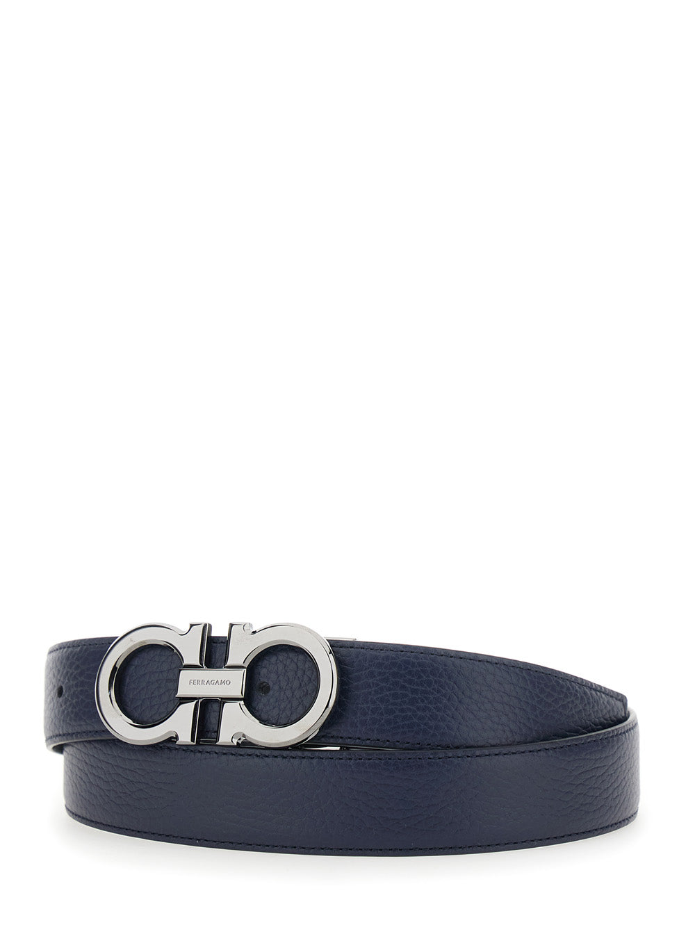 Ferragamo Men Blue Reversible Belt With Gancini Buckle In Hammered Leather Man FERRAGAMO