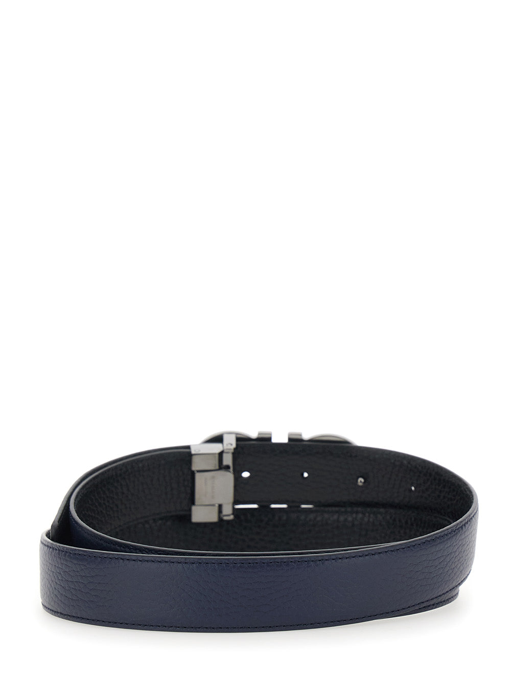 Ferragamo Men Blue Reversible Belt With Gancini Buckle In Hammered Leather Man FERRAGAMO