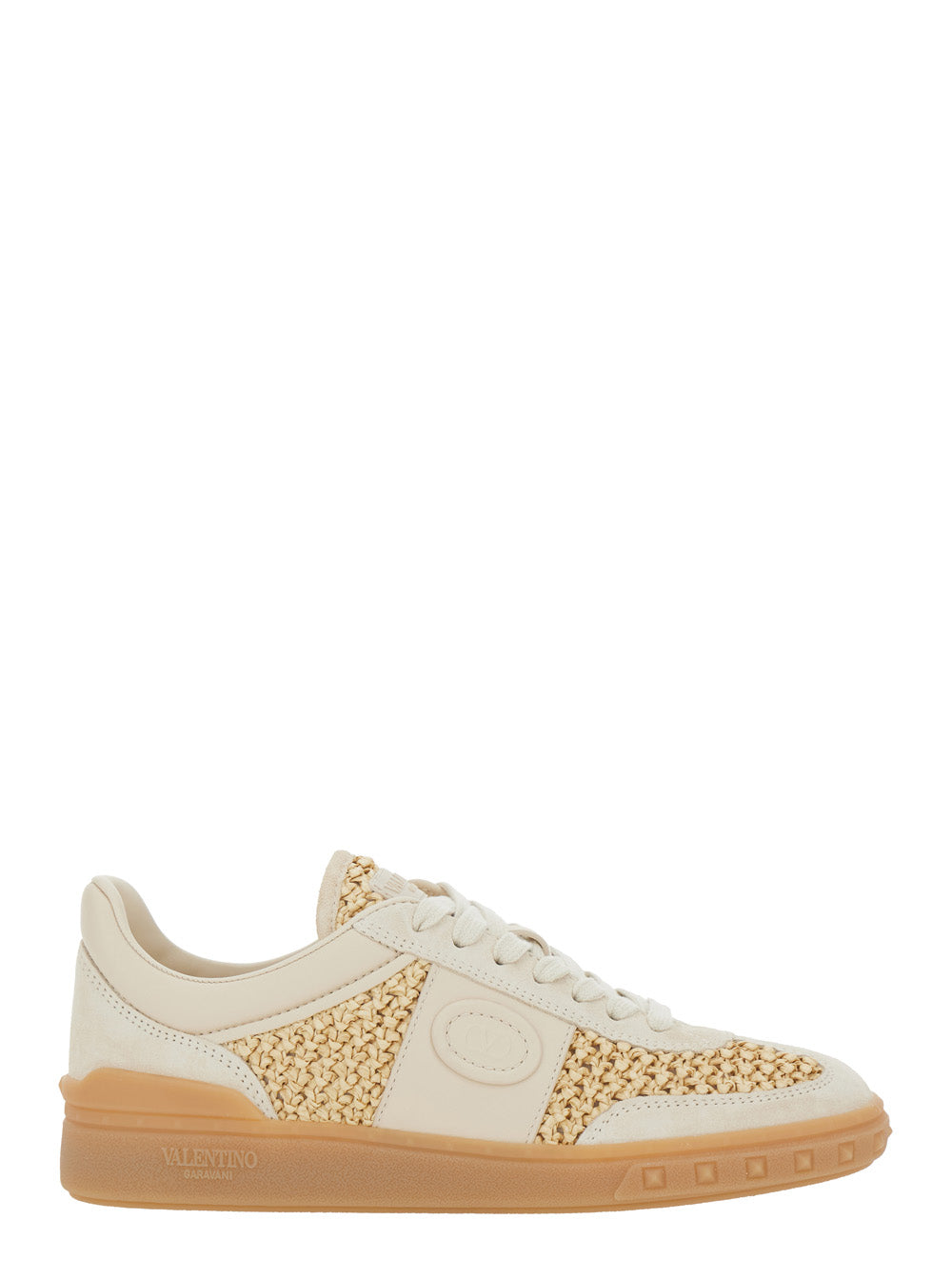 Valentino Garavani Women 'Upvillage' Beige Low Top Sneakers With Logo Patch On The Tongue And Raffia Details In Leather Woman VALENTINO GARAVANI