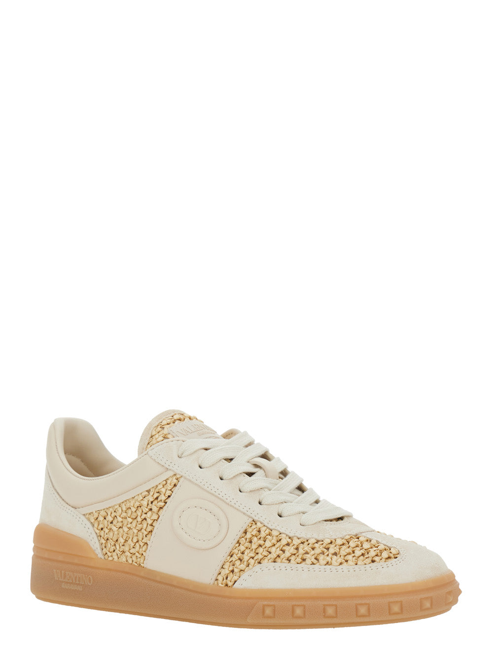 Valentino Garavani Women 'Upvillage' Beige Low Top Sneakers With Logo Patch On The Tongue And Raffia Details In Leather Woman VALENTINO GARAVANI