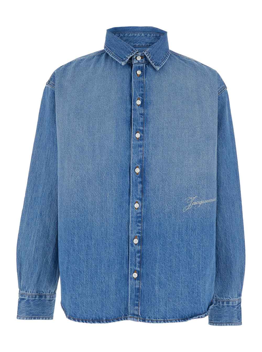 Jacquemus Men 'Simon' Light Blue Shirt With Classic Collar And Logo Lettering Embroidery On The Front In Denim For Men JACQUEMUS