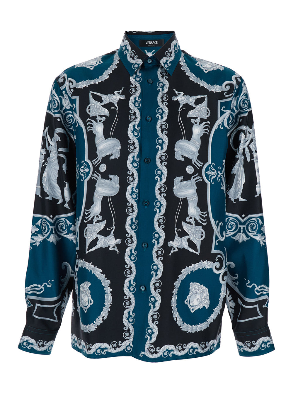 Versace Men Blue Shirt With Classic Collar And All-Over Print In Silk Man VERSACE