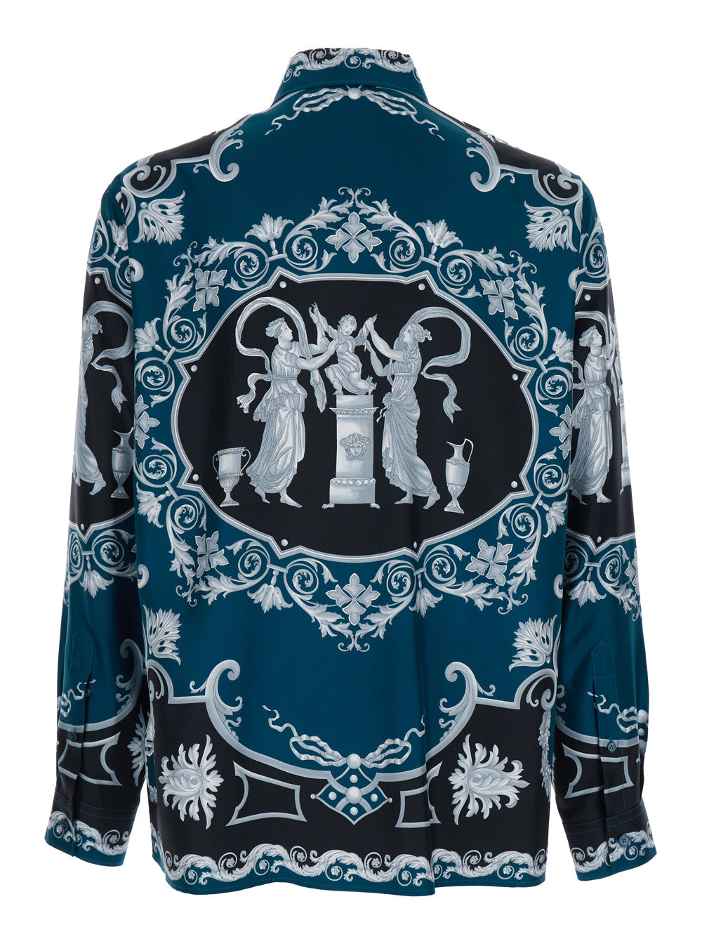 Versace Men Blue Shirt With Classic Collar And All-Over Print In Silk Man VERSACE