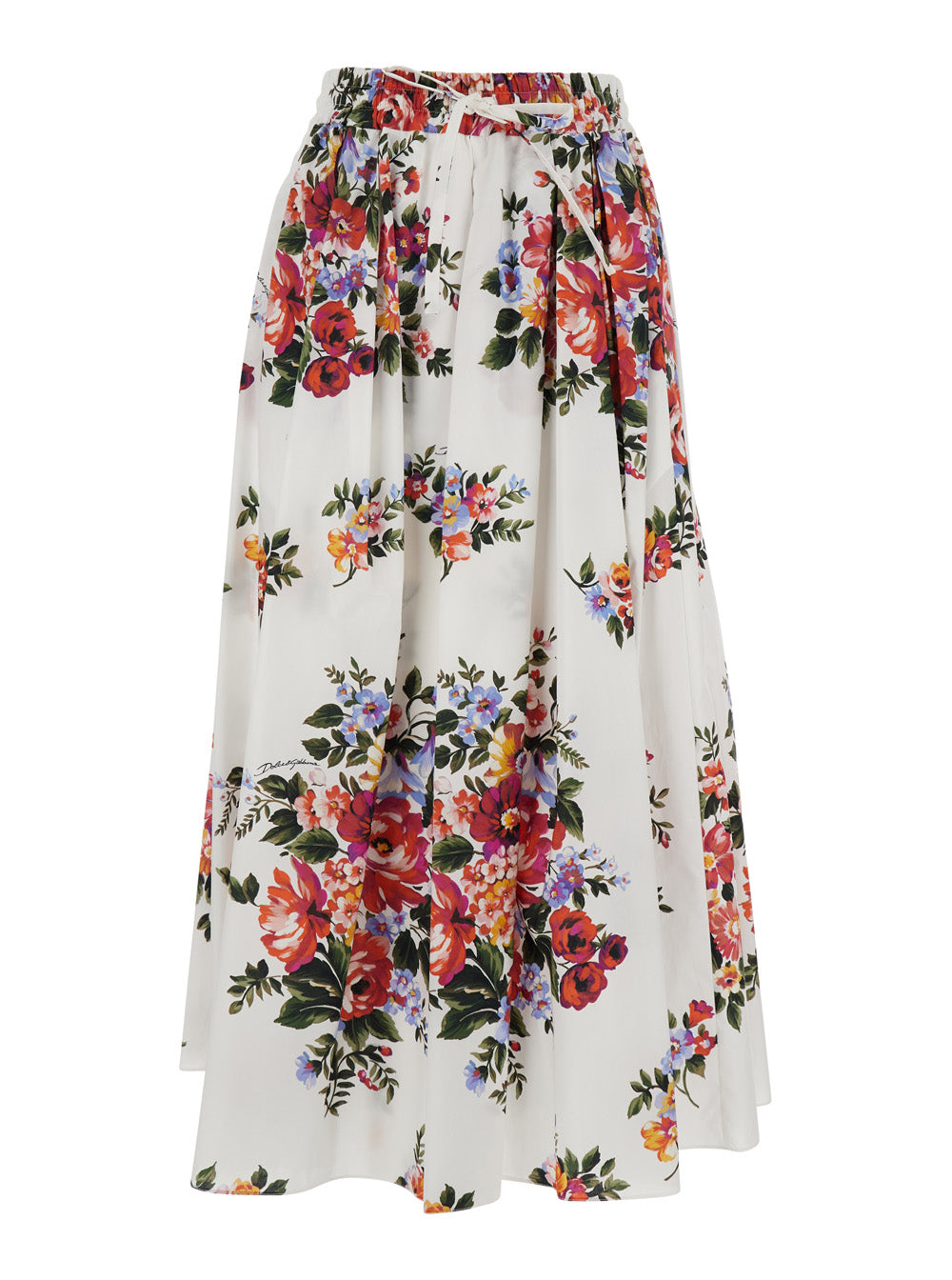 Dolce & Gabbana Women White Long Skirt With Floral Print And Elastic Waist In  Cotton For Women