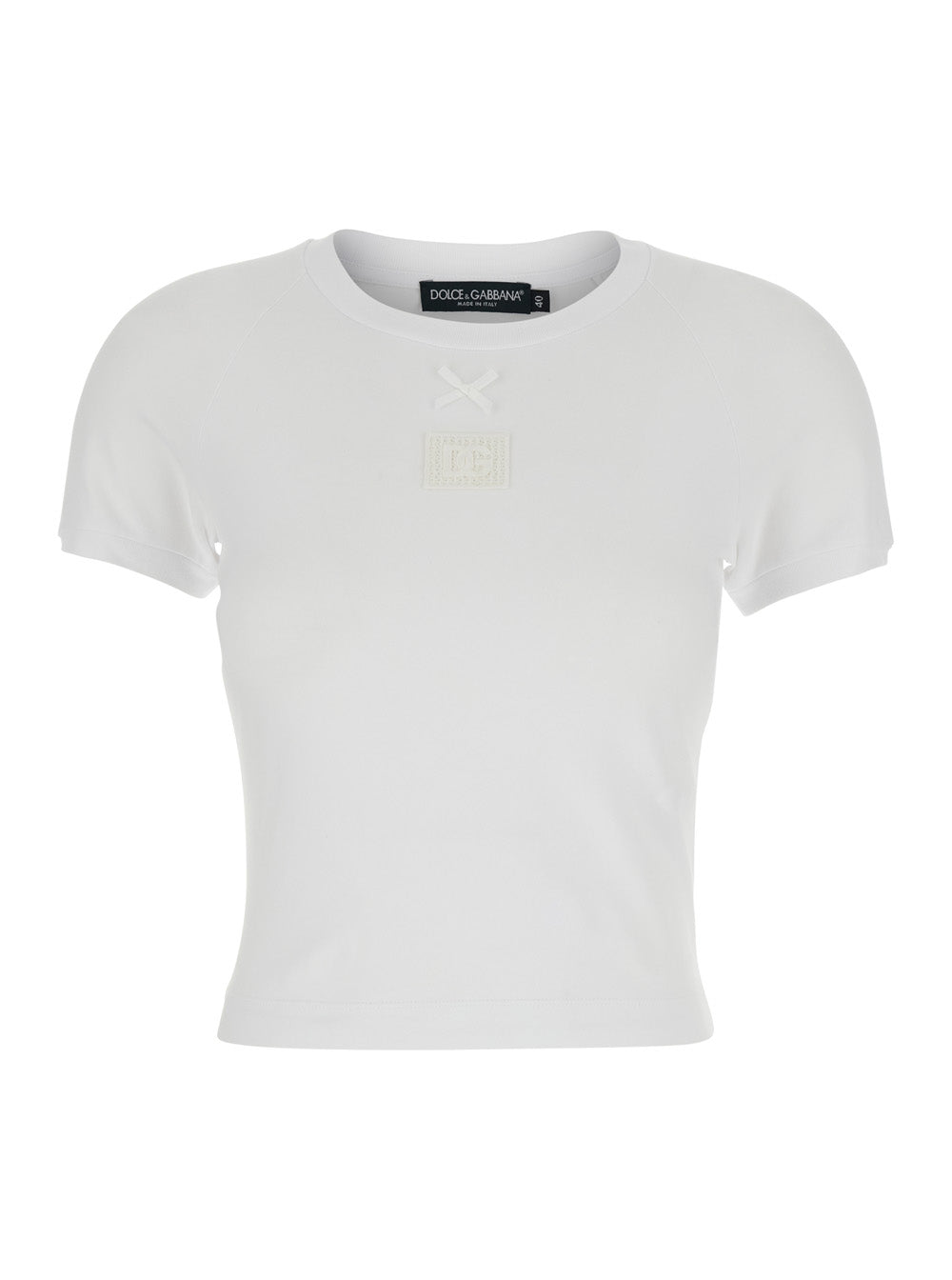 Dolce & Gabbana Women White Cotton Crew Neck T-Shirt With Bow And Logo On Front For Women DOLCE & GABBANA