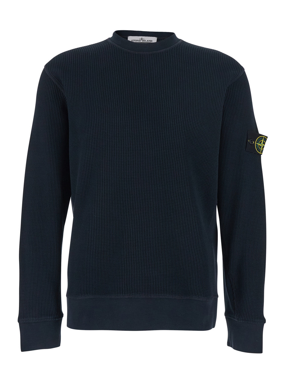 Stone Island Men Black Crewneck Sweatshirt With Logo Patch On Sleeve In Cotton For Men STONE ISLAND
