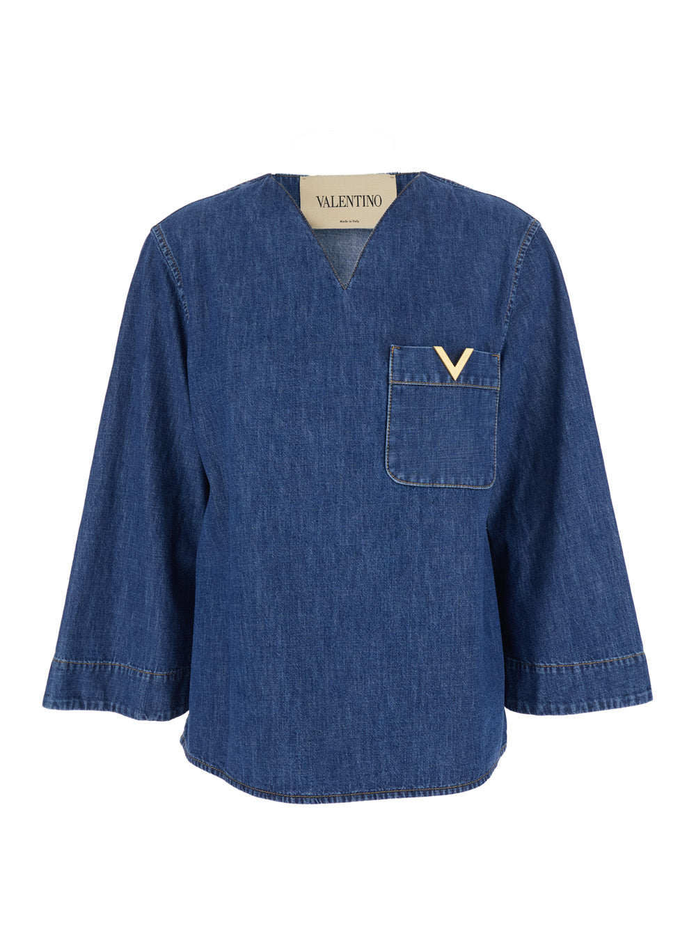 Valentino Women Blue V-Neck Blouse With Vlogo Plaque On Front In Cotton Woman VALENTINO