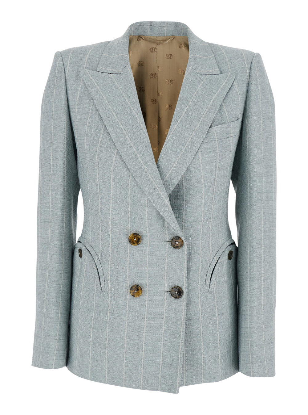 Blaze Milano Women 'After You' Light Blue Double-Breasted Jacket With Peak Revers And Striped  Motif In  Viscose Blend For Women BLAZE MILANO