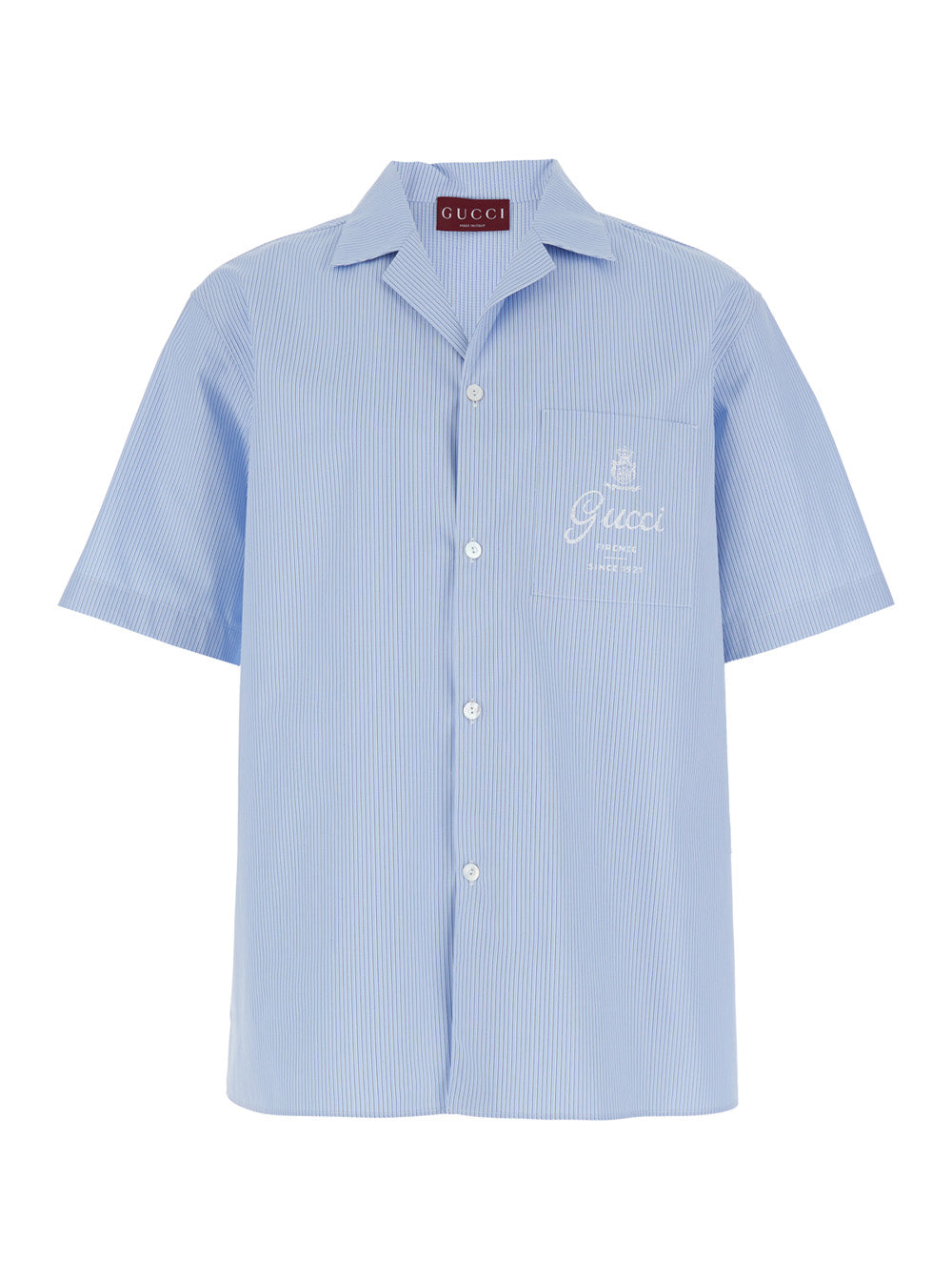Gucci Men Light Blue Bowling Shirt With Logo Embroidery On The Front And All-Over Stripe Motif In For Men GUCCI