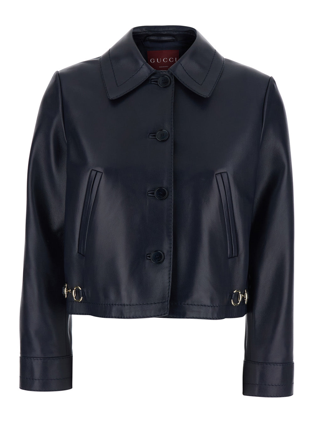 Gucci Women Blue Jacket With Classic Collar And Horsebit Plaque On The Waist In Leather Woman GUCCI