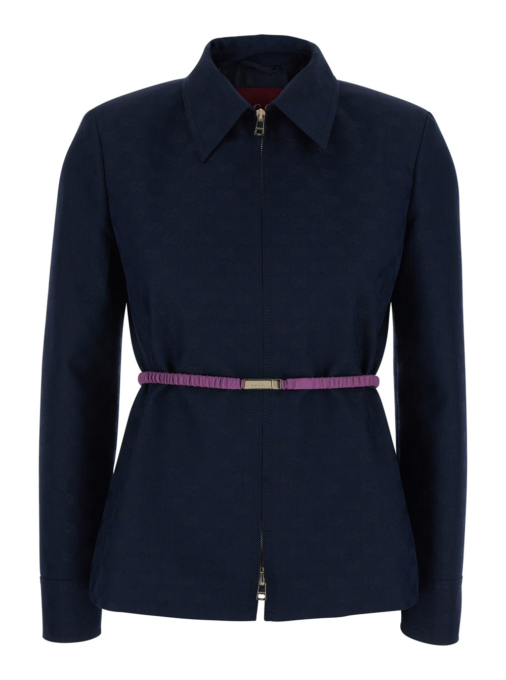 Gucci Women Blue Jacket With Classic Collar And Removable Belt With Gg Logo Plate For Women GUCCI