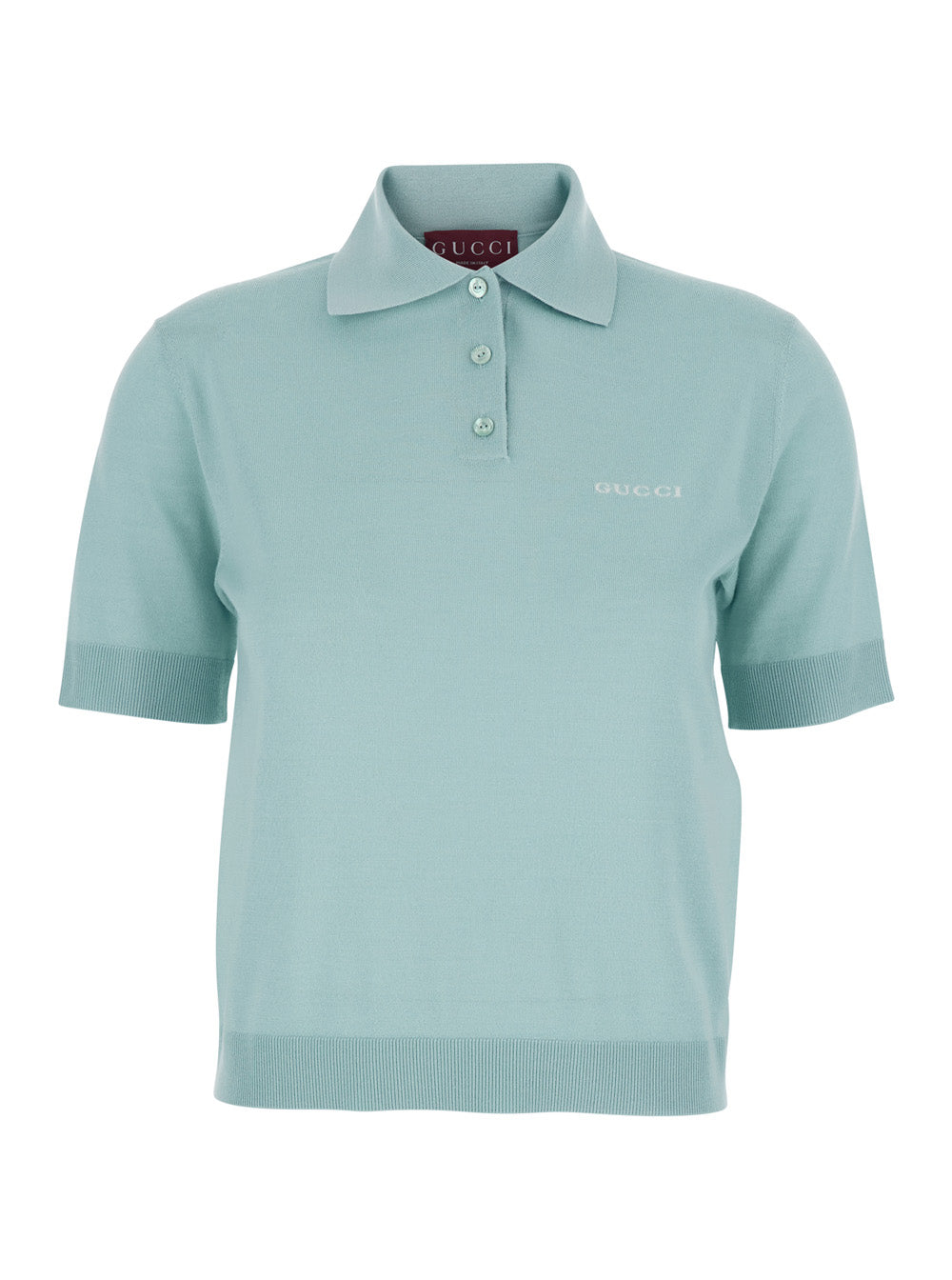 Gucci Women Light Blue Polo With Classic Collar And Logo Lettering Embroidery On The Front In Wool For Women GUCCI