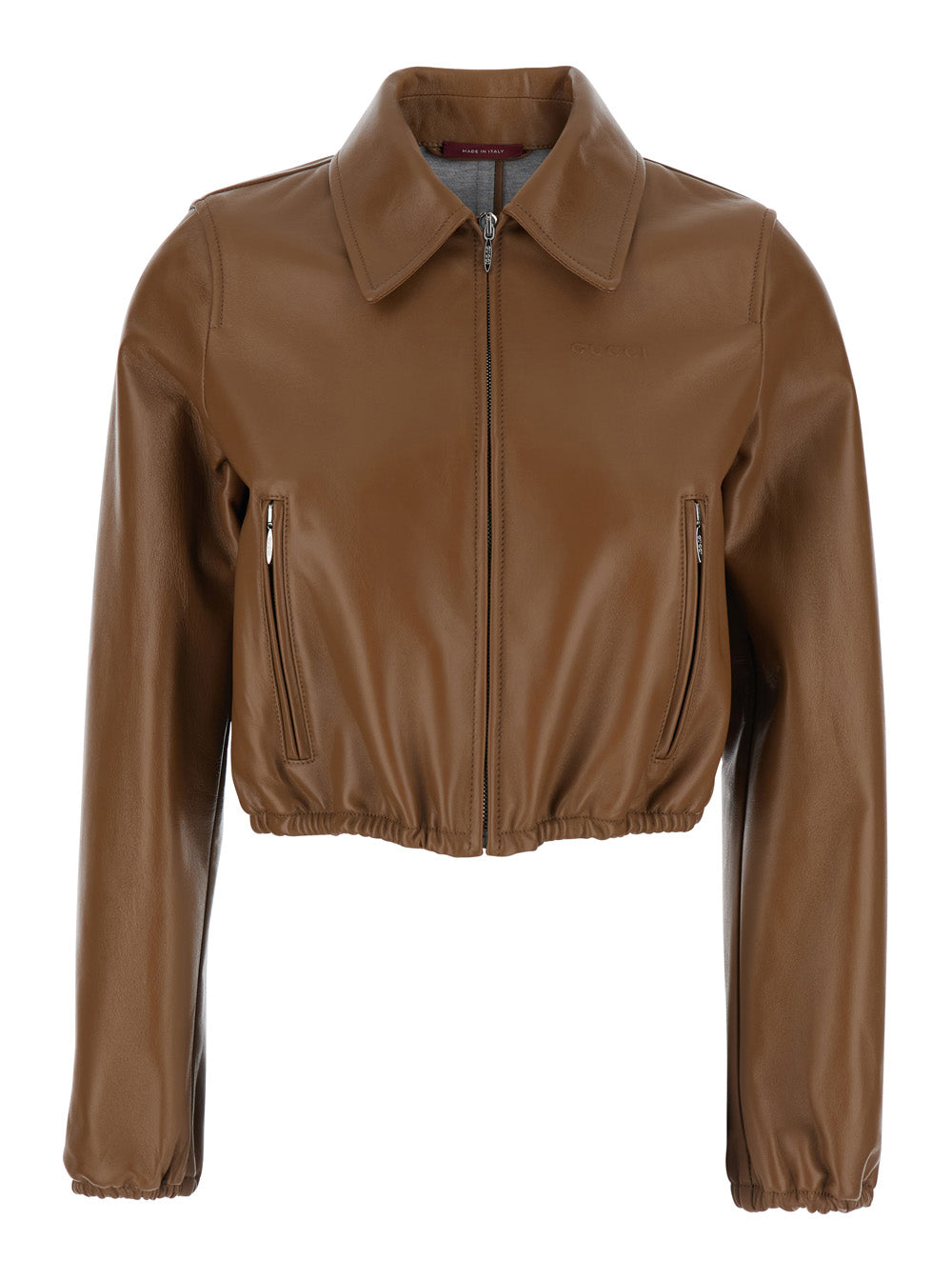 Gucci Women Brown Leather Crop Jacket With Classic Collar And Tone-On-Tone Lettering Logo On The Front For Women GUCCI