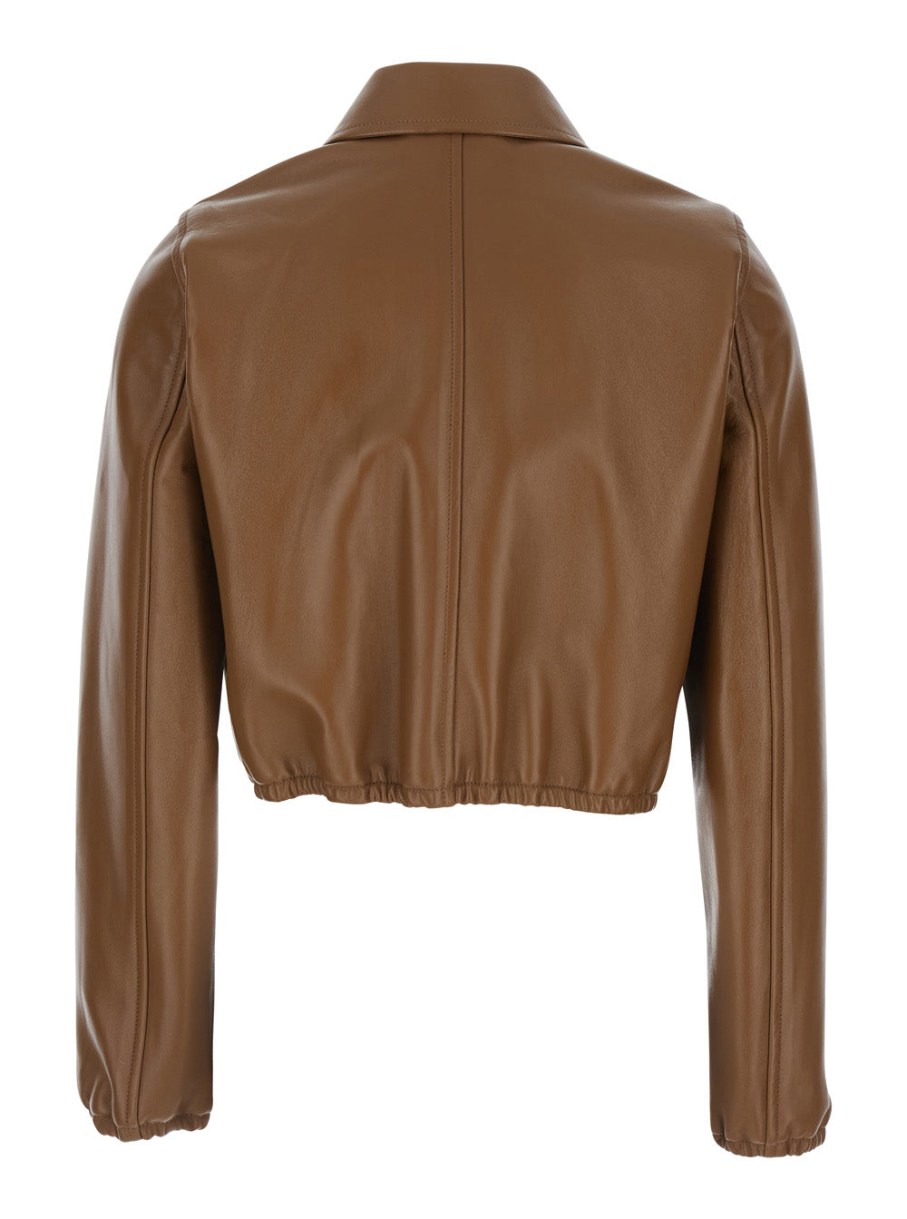Gucci Women Brown Leather Crop Jacket With Classic Collar And Tone-On-Tone Lettering Logo On The Front For Women GUCCI