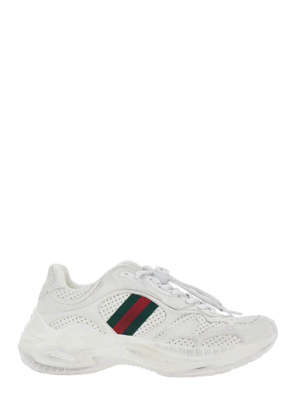 Gucci Women White Low Top Sneaker With Perforated Design And Web Detail On The Side In Leather For Women GUCCI