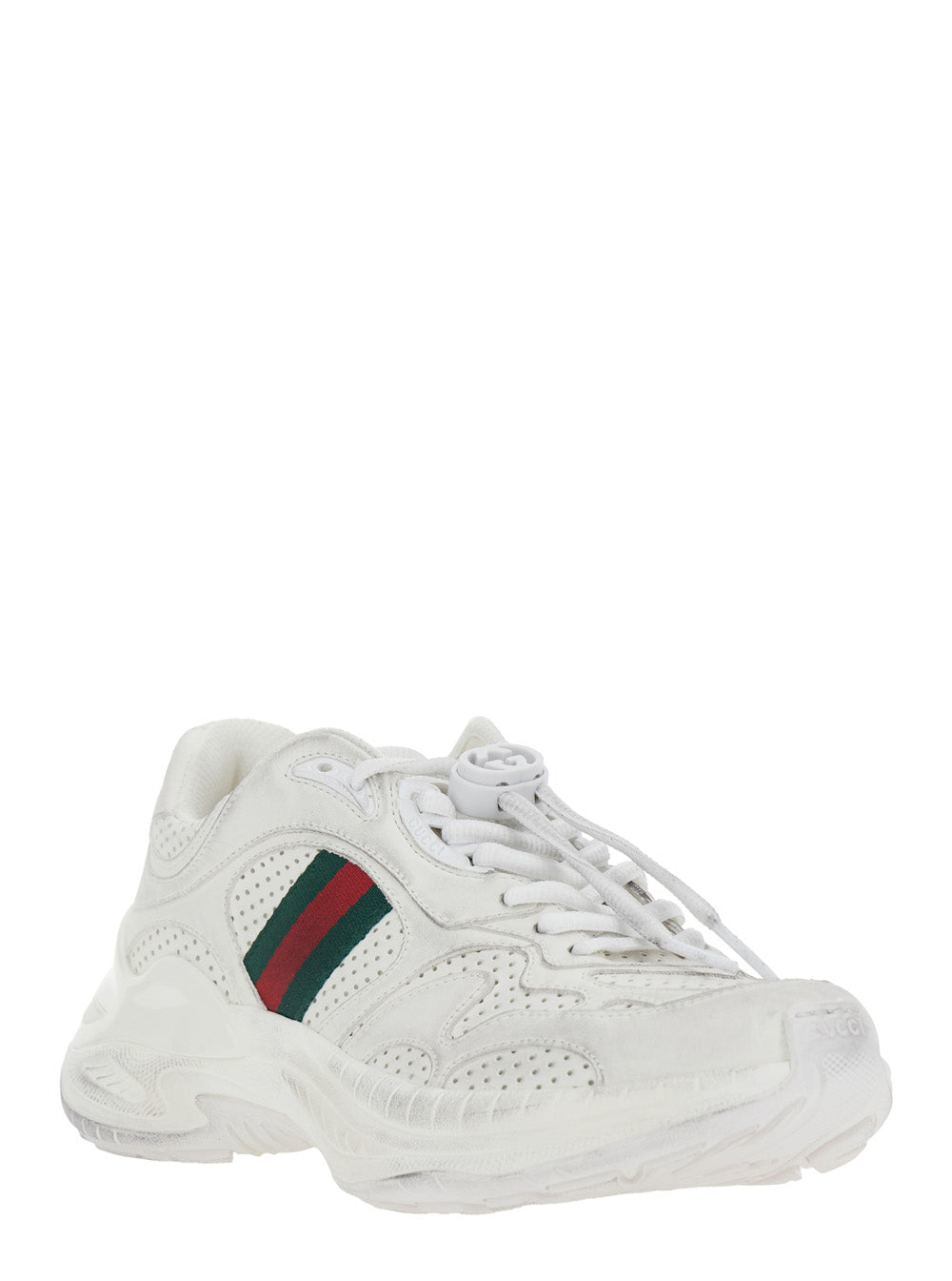 Gucci Women White Low Top Sneaker With Perforated Design And Web Detail On The Side In Leather For Women GUCCI