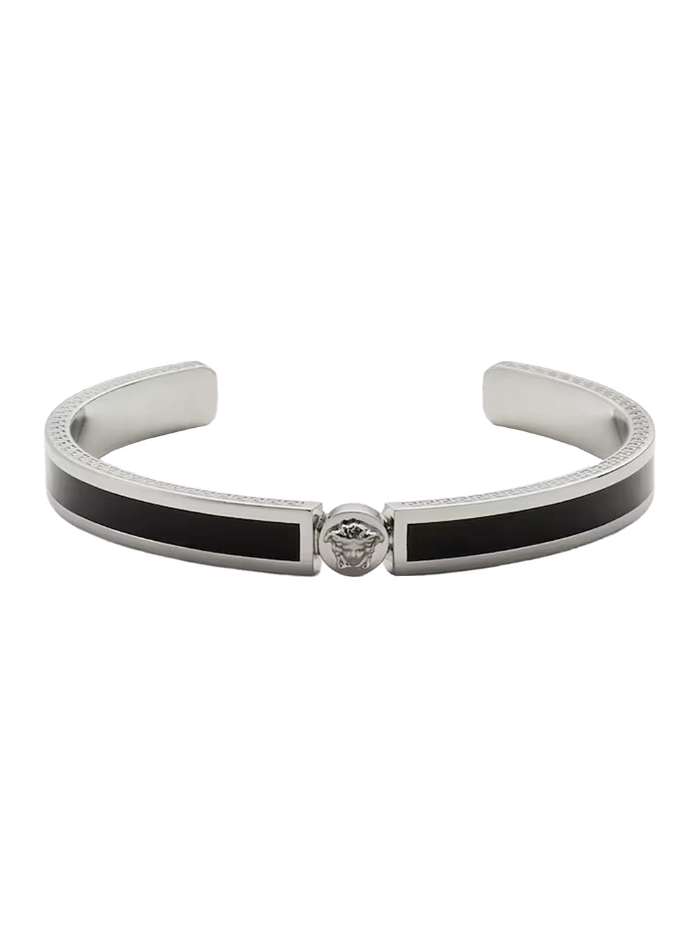 Versace Men Black Enamelled Rigid Bracelet With Medusa Plate And Greek Engraving In Brass For Men VERSACE
