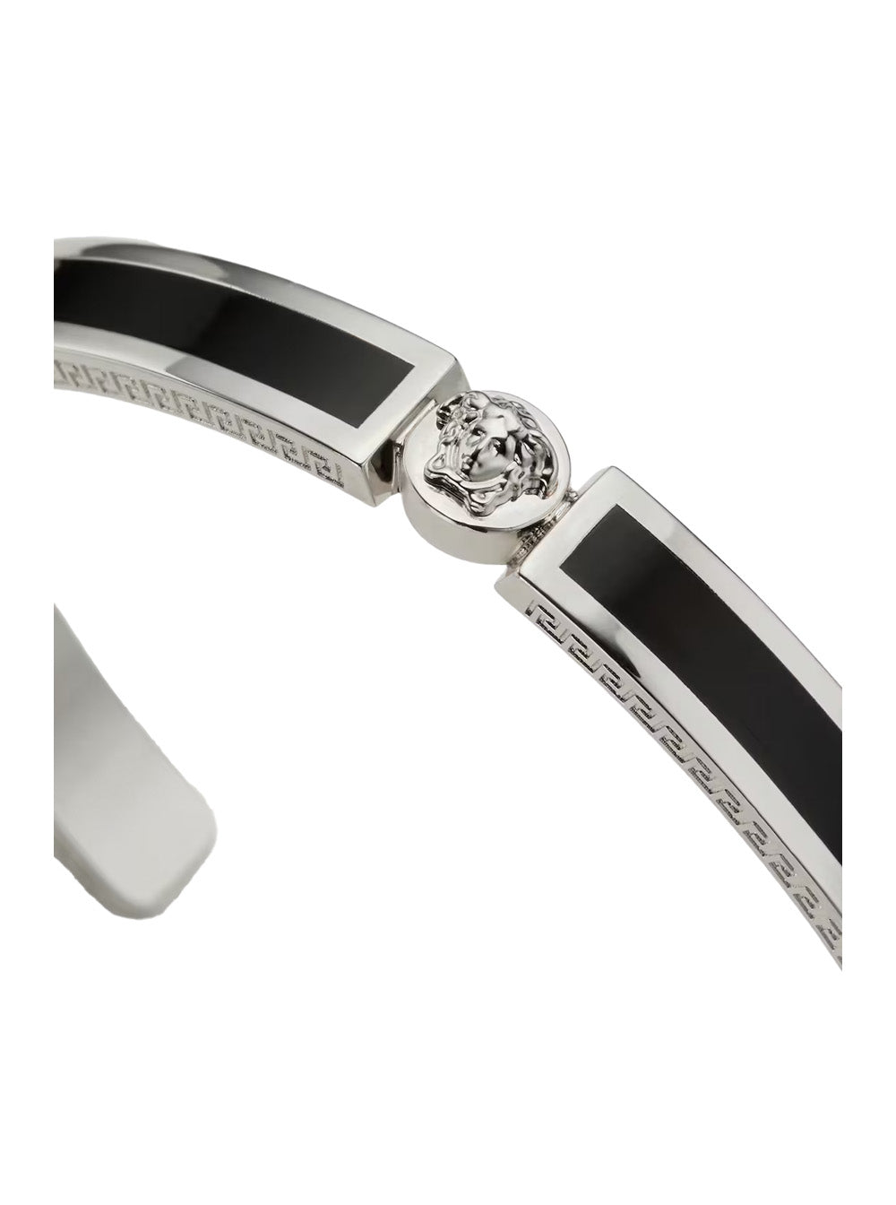 Versace Men Black Enamelled Rigid Bracelet With Medusa Plate And Greek Engraving In Brass For Men VERSACE