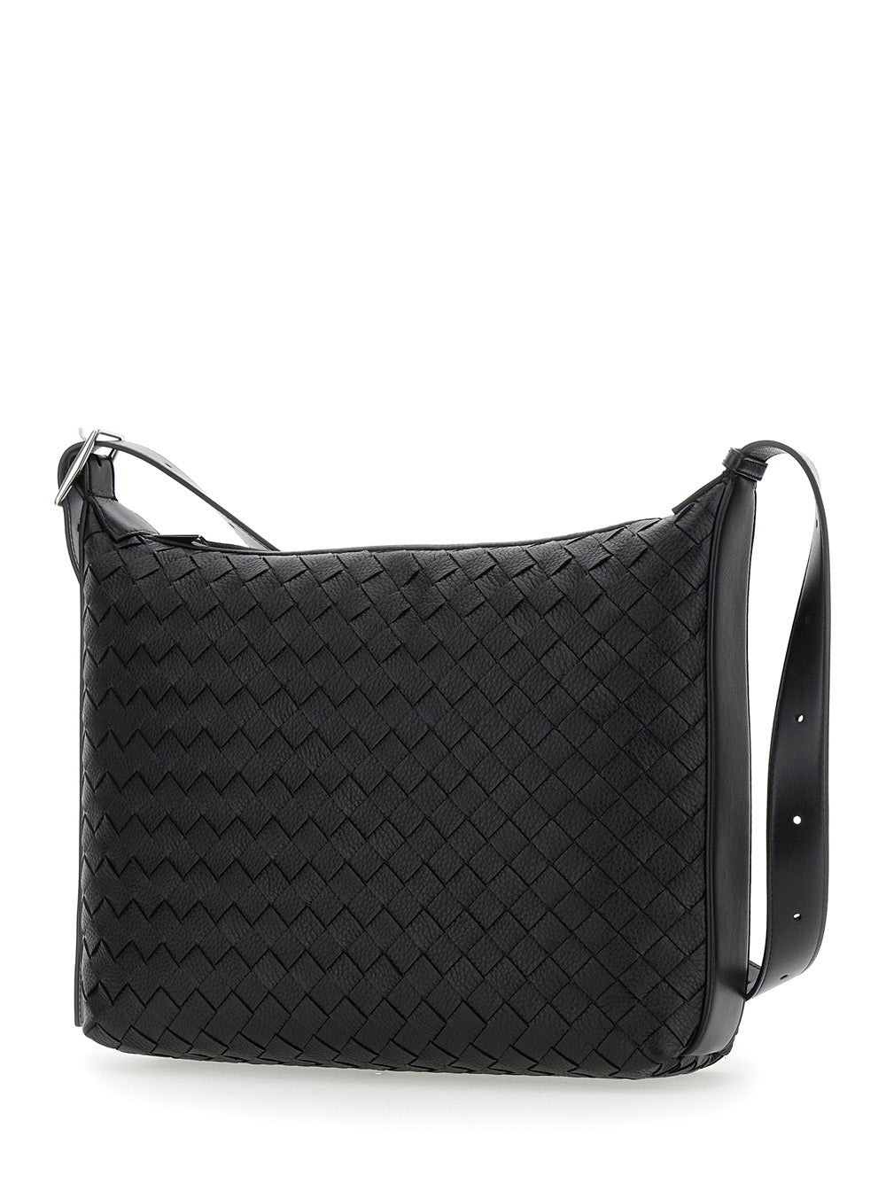 Bottega Veneta Men Black Crossbody Bag 'Traveler' With All-Over Intreccio Motif In Leather For Men BOTTEGA VENETA