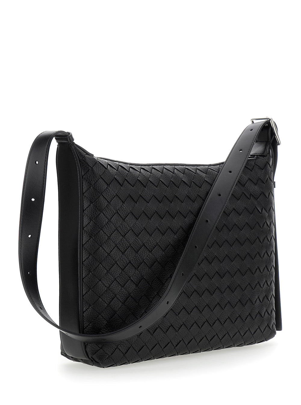 Bottega Veneta Men Black Crossbody Bag 'Traveler' With All-Over Intreccio Motif In Leather For Men BOTTEGA VENETA